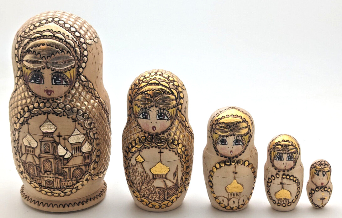 Vintage Matryoshka Russian Nesting Dolls Hand Painted Gold color 5 Piece Signed