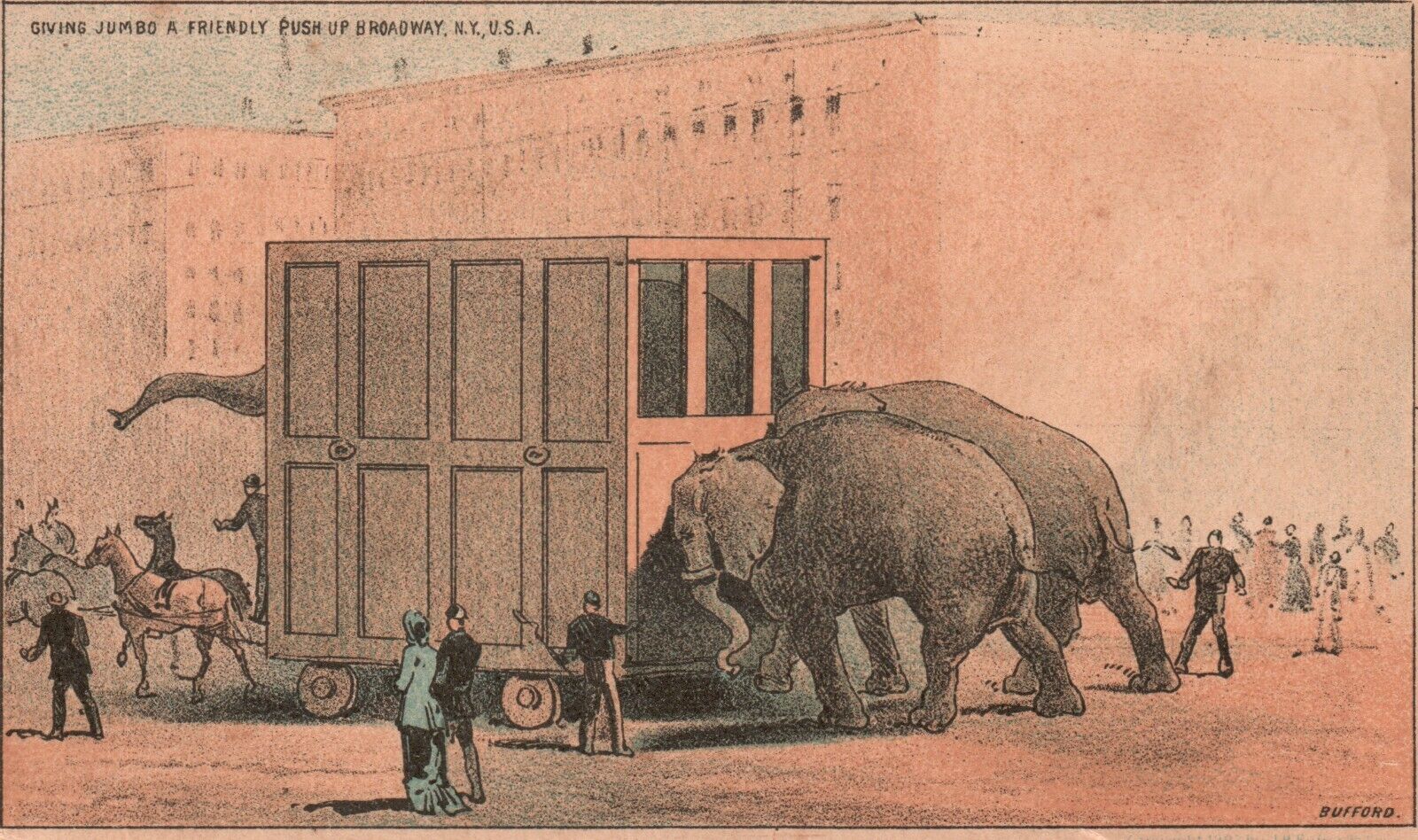 1880s-90s Divine Jumbo a Friendly Push Up Broadway  New York Elephant Circus