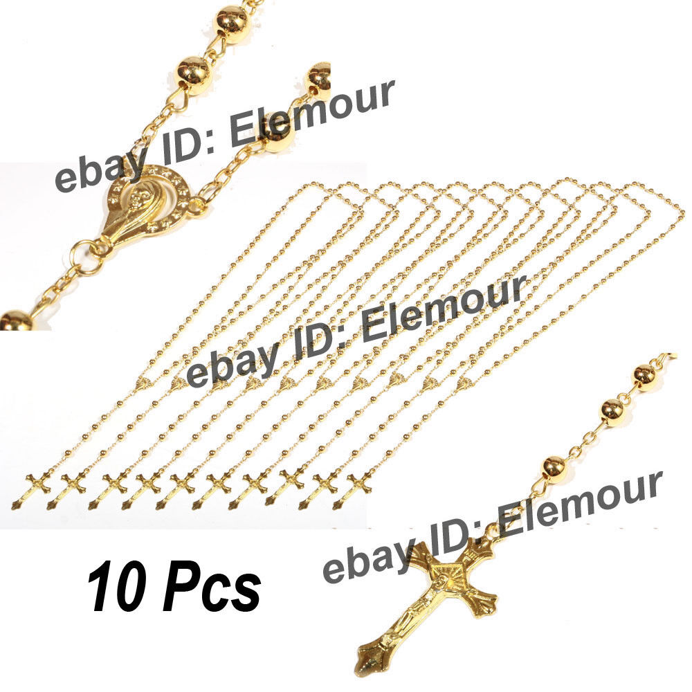 10X Catholic Gold tone Beads Rosary Necklace Lot of 10pc  wholesale  (US SELLER)
