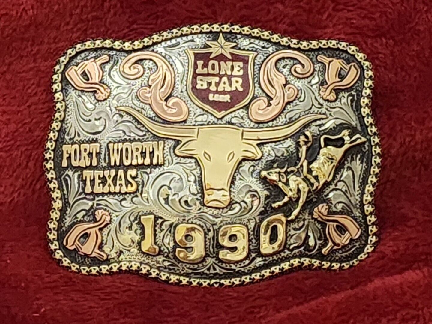 CHAMPION RODEO TROPHY BUCKLE TX LONE STAR BULLRIDING PROFESSIONAL☆1990☆RARE☆20