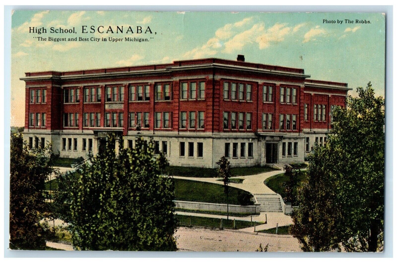c1910 High School Exterior Escanaba Best City Upper Michigan MI Vintage Postcard