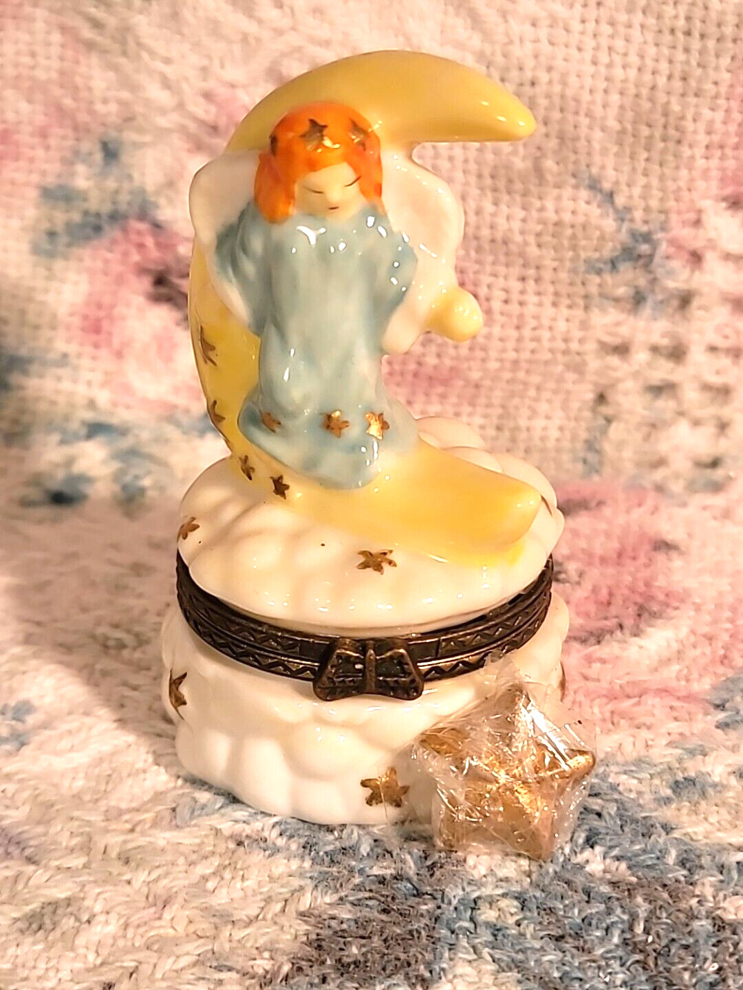Vintage Porcelain Angel & Moon Cloud Hinged Trinket Box w/Interior Star+FREEBOX