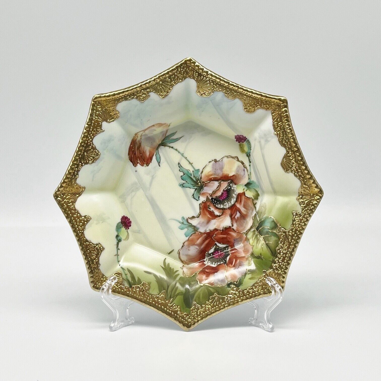 Gorgeous  Antique Nippon Hand Painted Moriage Octagon Porcelain Decorative Plate