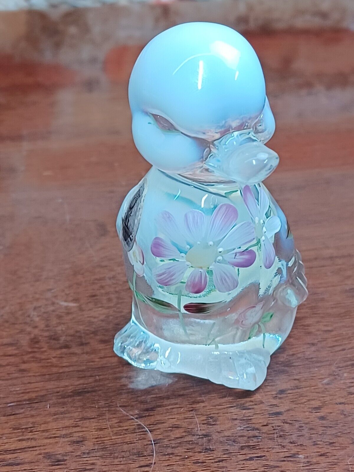 Vtg Fenton Hand Painted & Signed By G. Tapia Duck Figure Floral Clear Opalescent