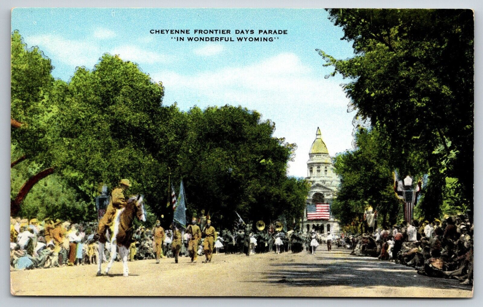 Frontier Days Parade Cheyenne WY Horse Marching Band Flag Chrome Unp Postcard