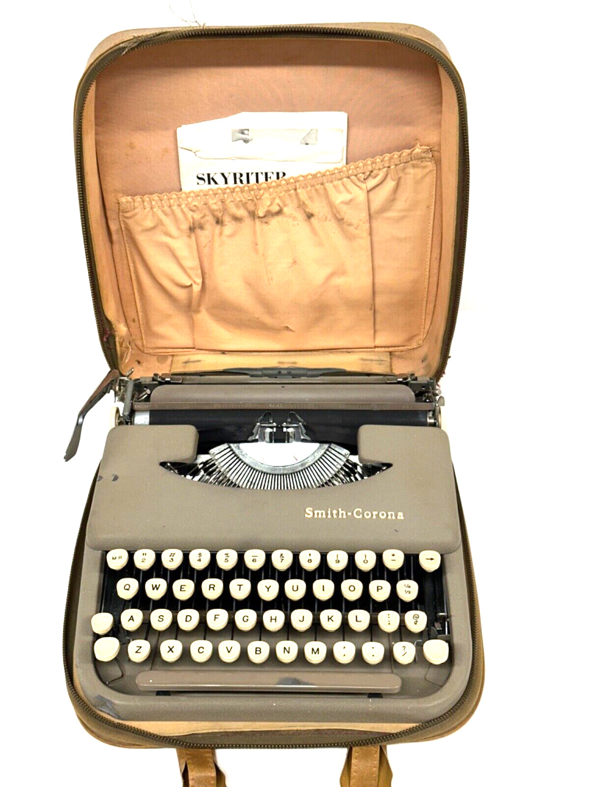Vintage Smith Corona Skyriter Portable Typewriter w/ Cover Sand Brown