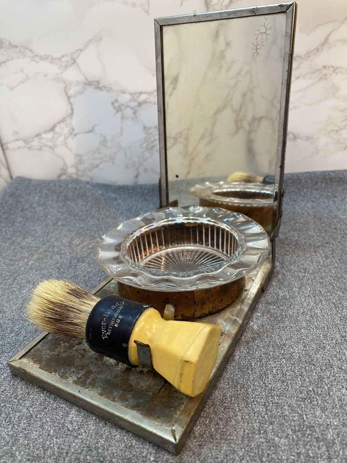 Antique Folding Travel Shaving Set with Mirror, Bowl, and Brush