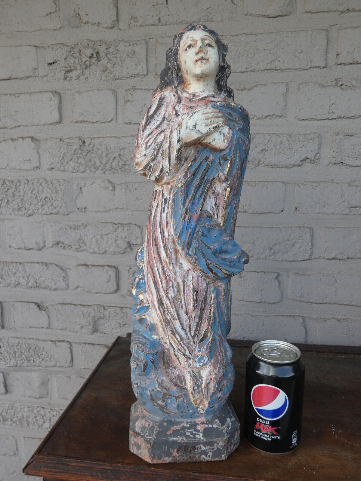 Antique  southern europe  wood carved polychrome madonna glass eyes statue