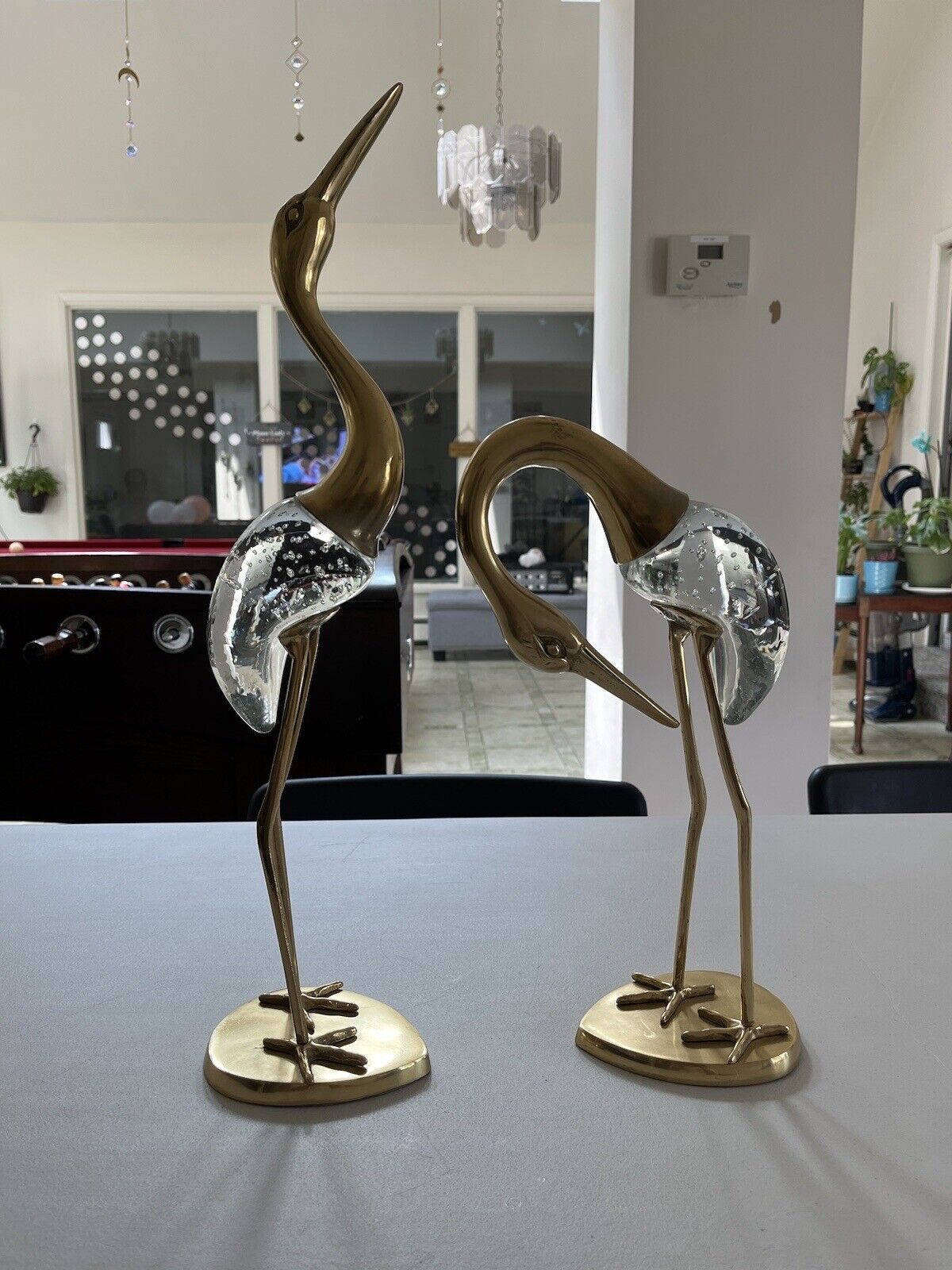 Beautiful Vintage Lacquered Brass Glass Crane Heron Stork Sculptures Bird Statue