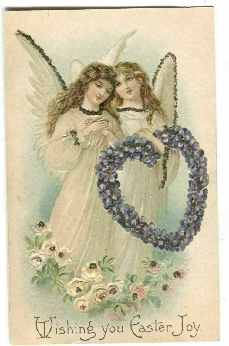 Postcard Wishing You Easter Joy Angels Holding Flower Heart Wreathe 