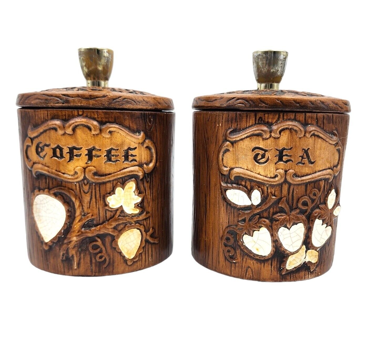 Vintage 1960s Treasure Craft Canister Set Coffee & Tea Fruit Woodgrain Set Of 2 