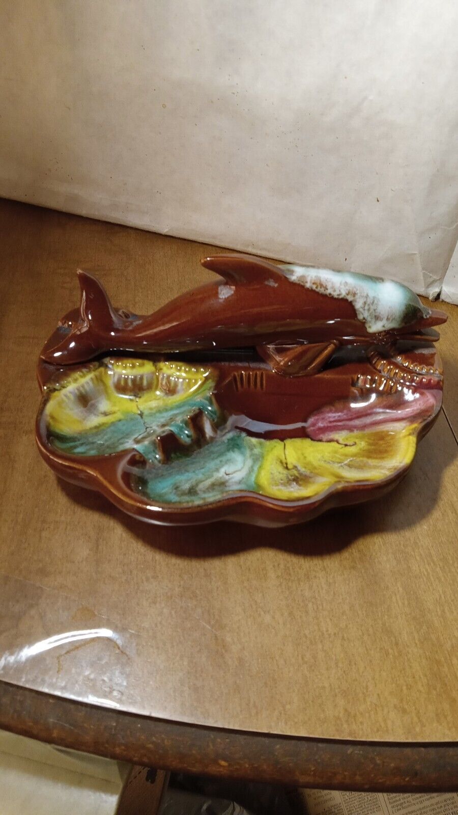 Vintage Florida Dolphin Shell Ashtray Drip Glaze Souvenir Figurine
