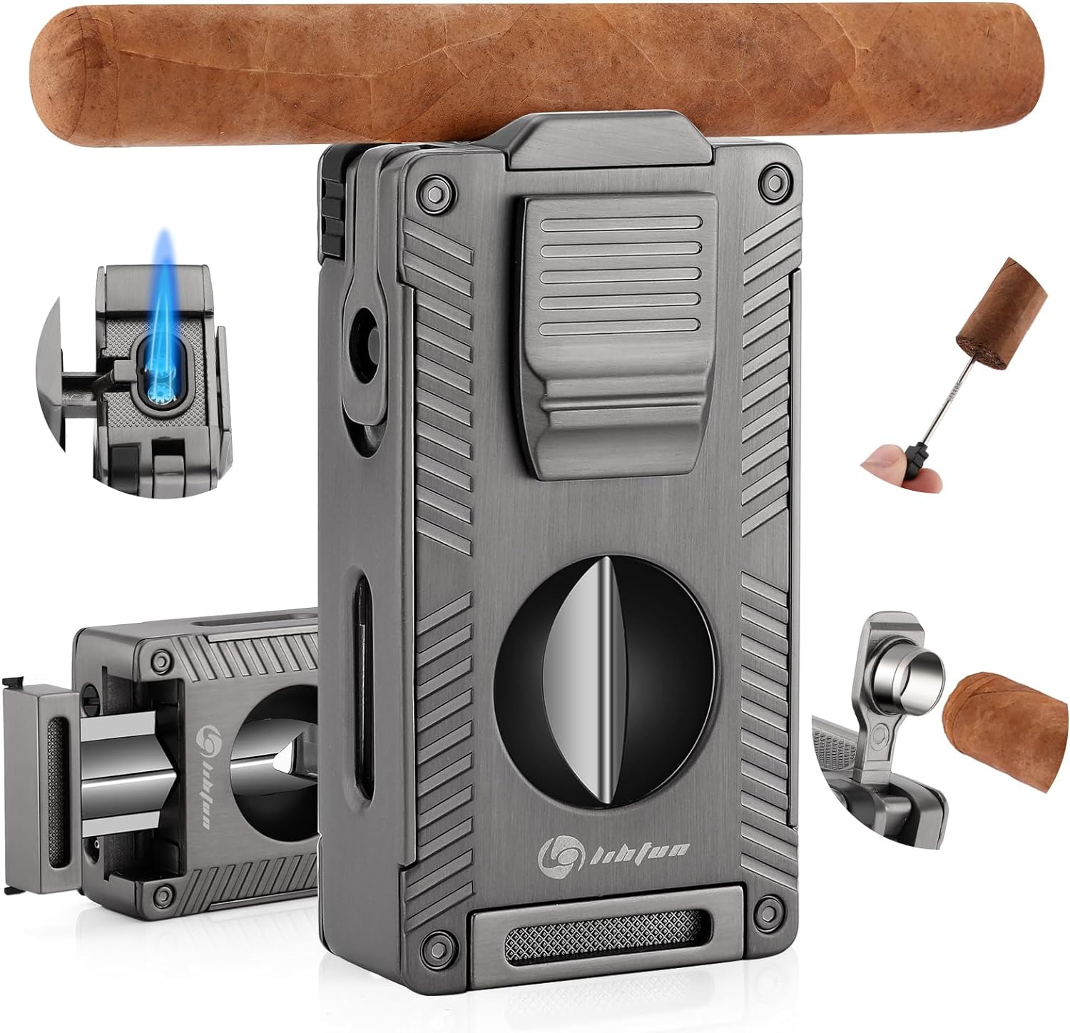 Cigar Torch Lighter, All-in-1 Cigars Lighter Built-in Holder , Double Jet Flame