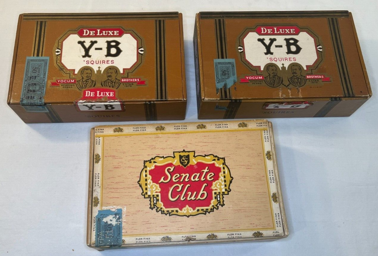3 Vintage Y-B YOCUM BROTHERS SQUIRES & SENATE CLUB Cigar Boxes w/ Revenue Stamps