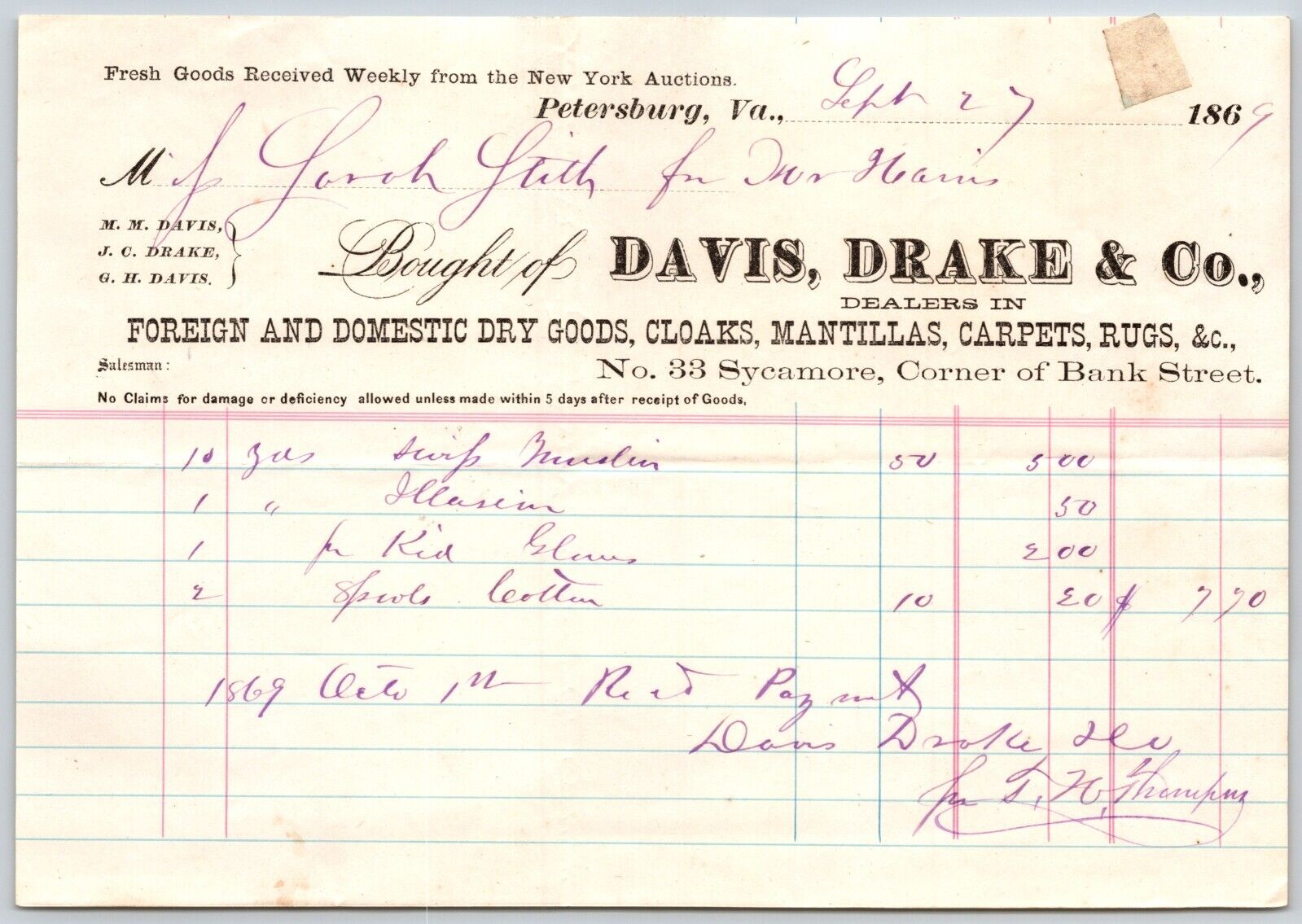 Davis, Drake & Co. Dry Goods Mantillas Cloaks Carpets 1869 Billhead - Scarce