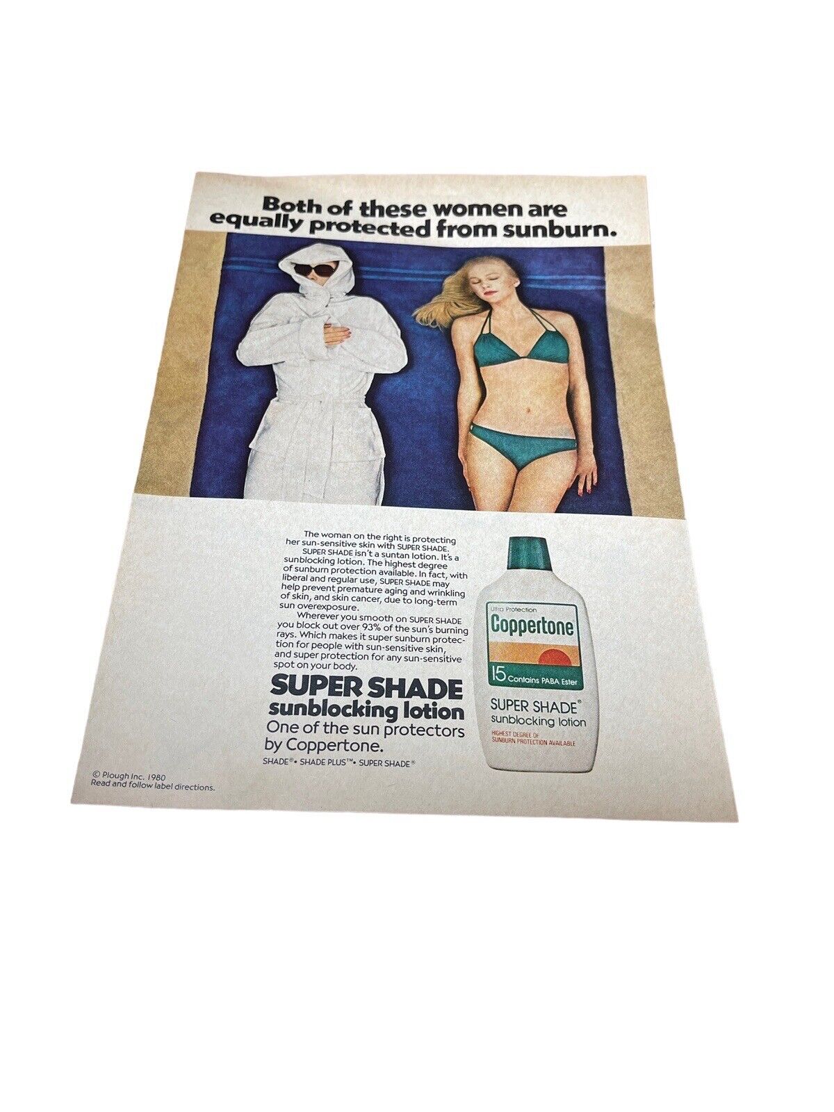 1980 Coppertone super shade Sunblocking suntan lotion two women ad