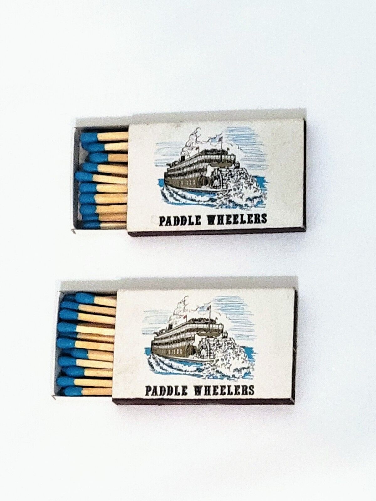 Vintage Paddle Wheelers Matchbox Wood Blue Tip Matches Robert E. Lee Reuben Rare