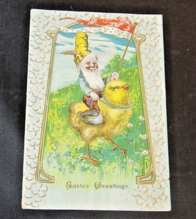 Vintage Easter Postcard Gnome Elf Riding a Chicken-Very Rare