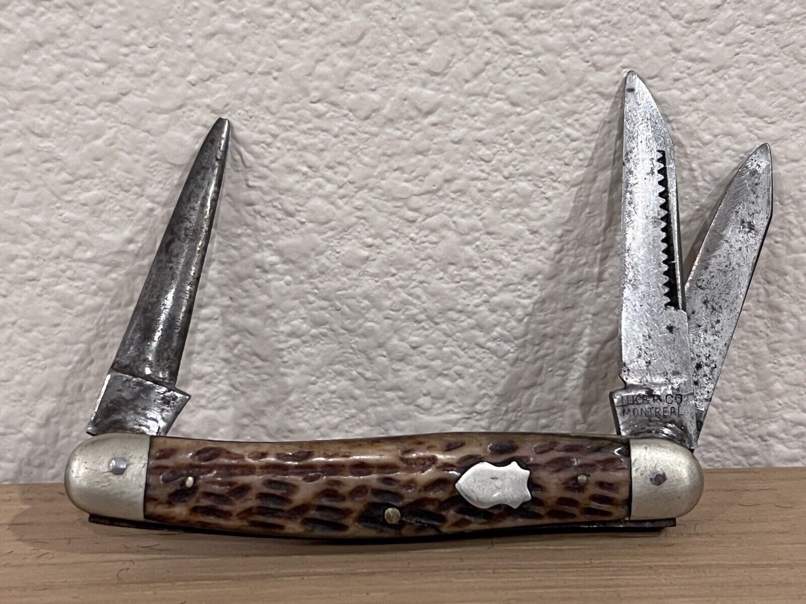 c1930s UK&R Co Folding 3 Blade Pocket Knife Deer Antler Handle Vintage