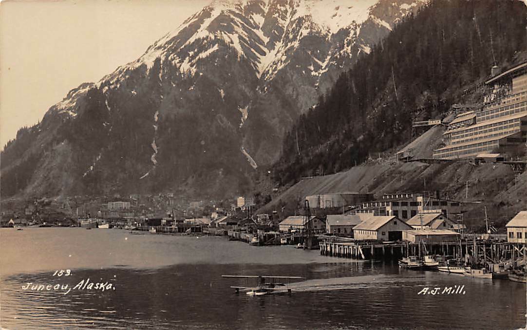 JUNEAU, AK, SHORE TOWN VIEW, A.J. MILL REAL PHOTO POST CARD ~ c 1920s-30s  