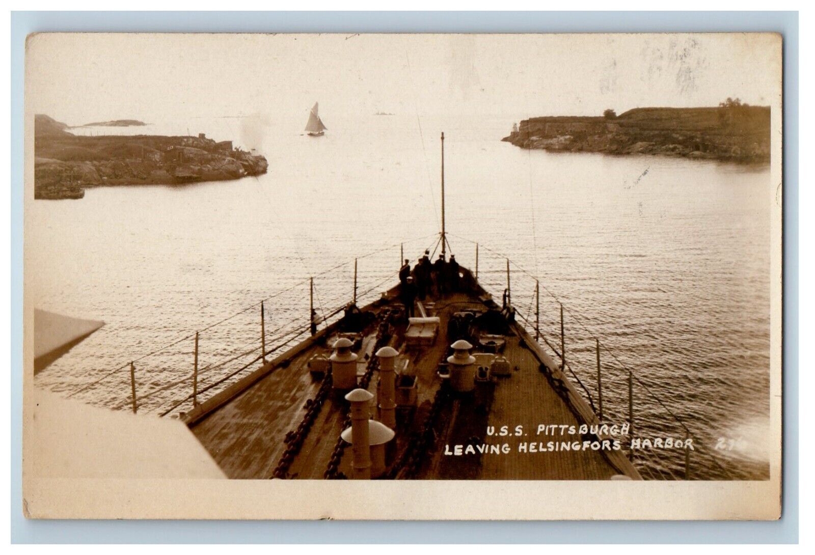c1920\'s USS Pittsburgh Leaving Helsingfors Harbor Finland RPPC Photo Postcard