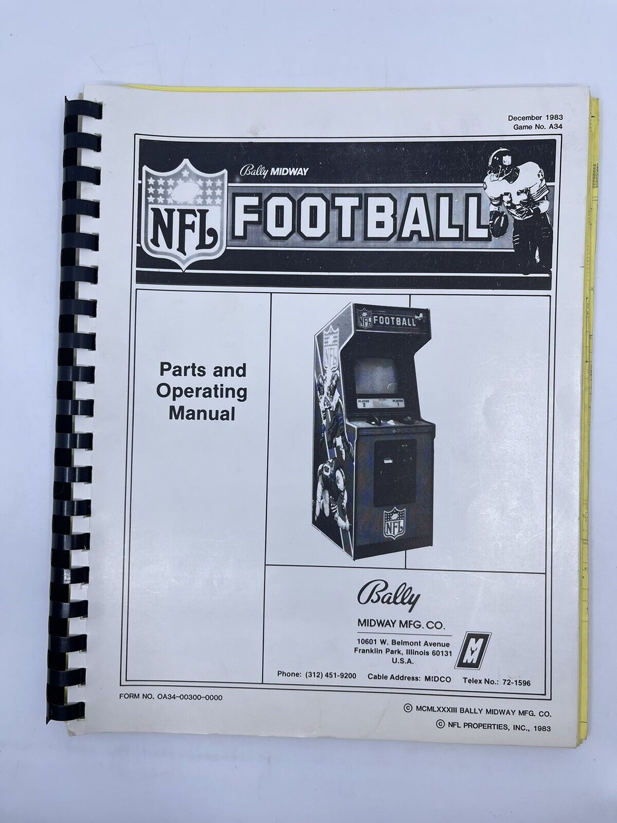 Bally Midway NFL Football Arcade Game Parts and Operating Manual