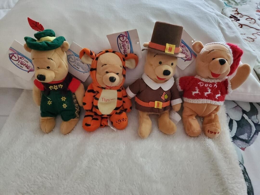 NEW Set Of 4 Disney Store Winnie The Pooh Holiday Plush Winter Set
