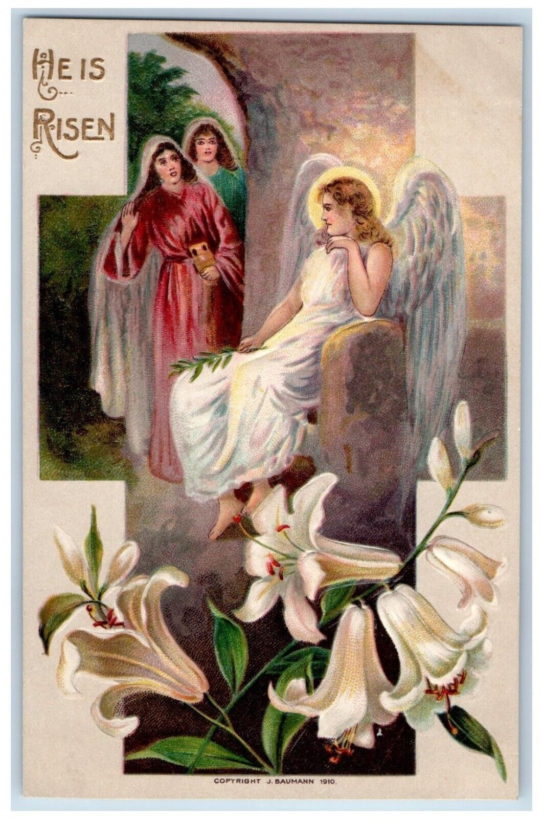J. Baumann Signed Postcard He Is Risen Angel Flowers Embossed c1910's Antique