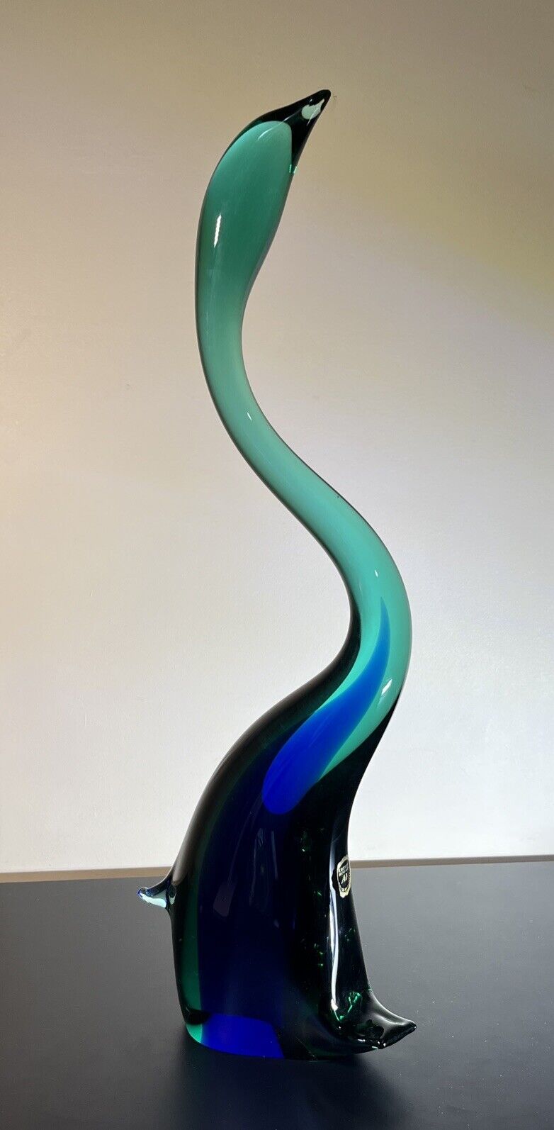 ZBS Vintage 23” Handmade Art Glass Swan Volavka Czech Rep Bohemia Cobalt Green