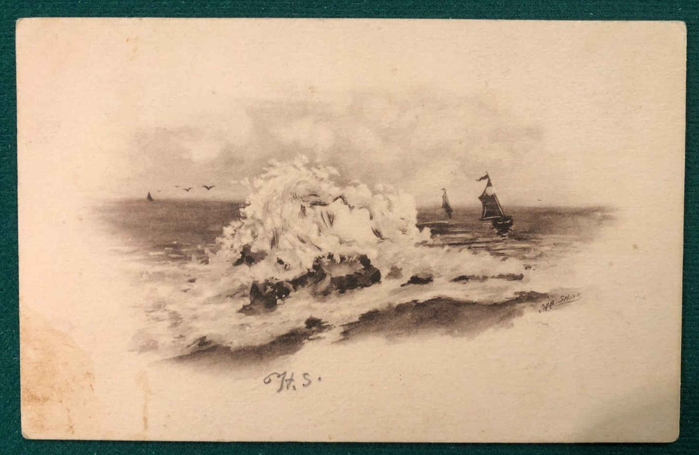landscape drawing, sailboat, rough waters, post card, posted 1909