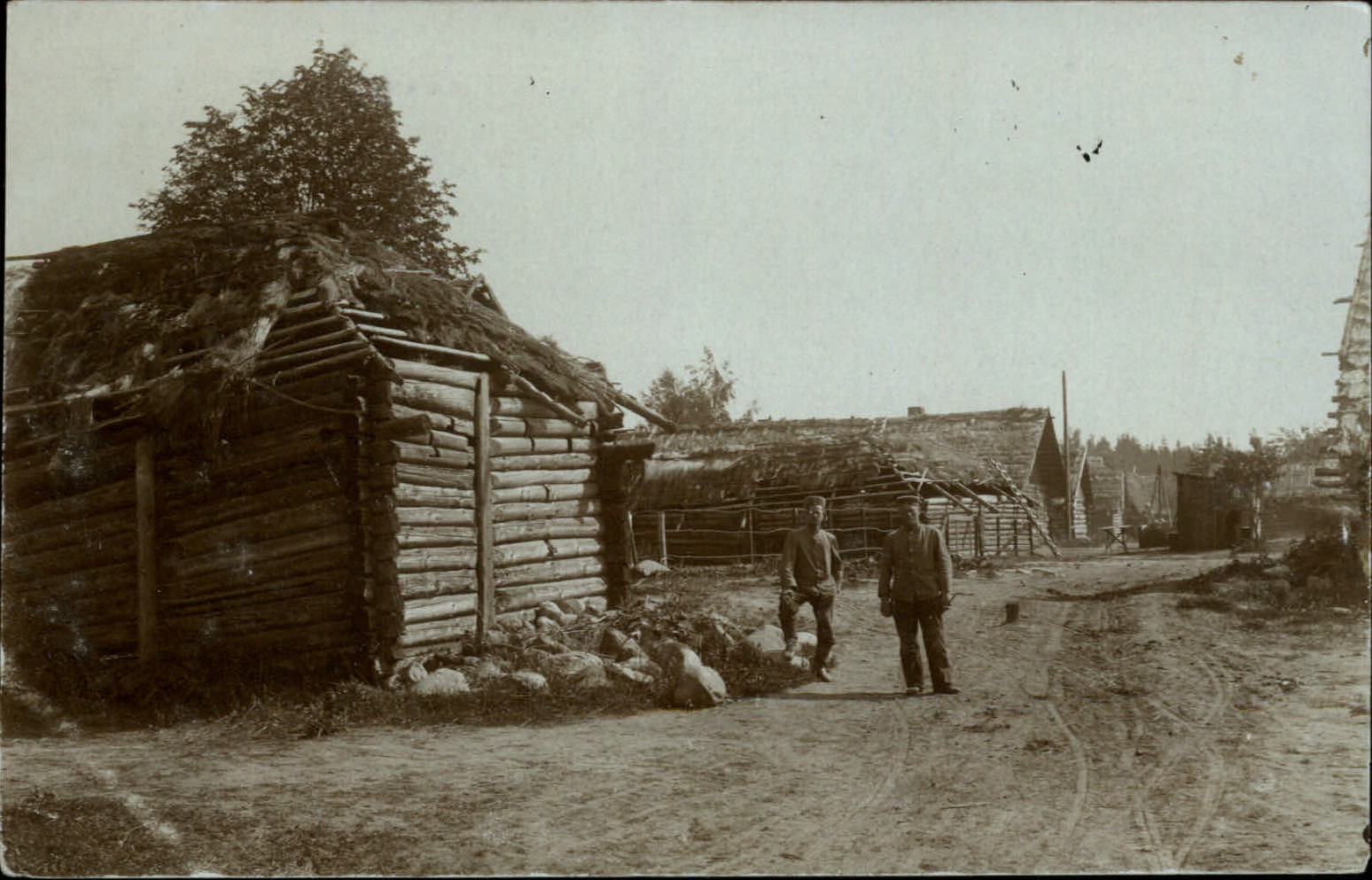 WWI RPPC German soldiers rustic log buildings real photo postcard c1914-18