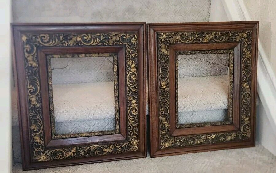 Pair Antique Ornate Gold Oak  Picture Wood Gesso Rectangle Frames 