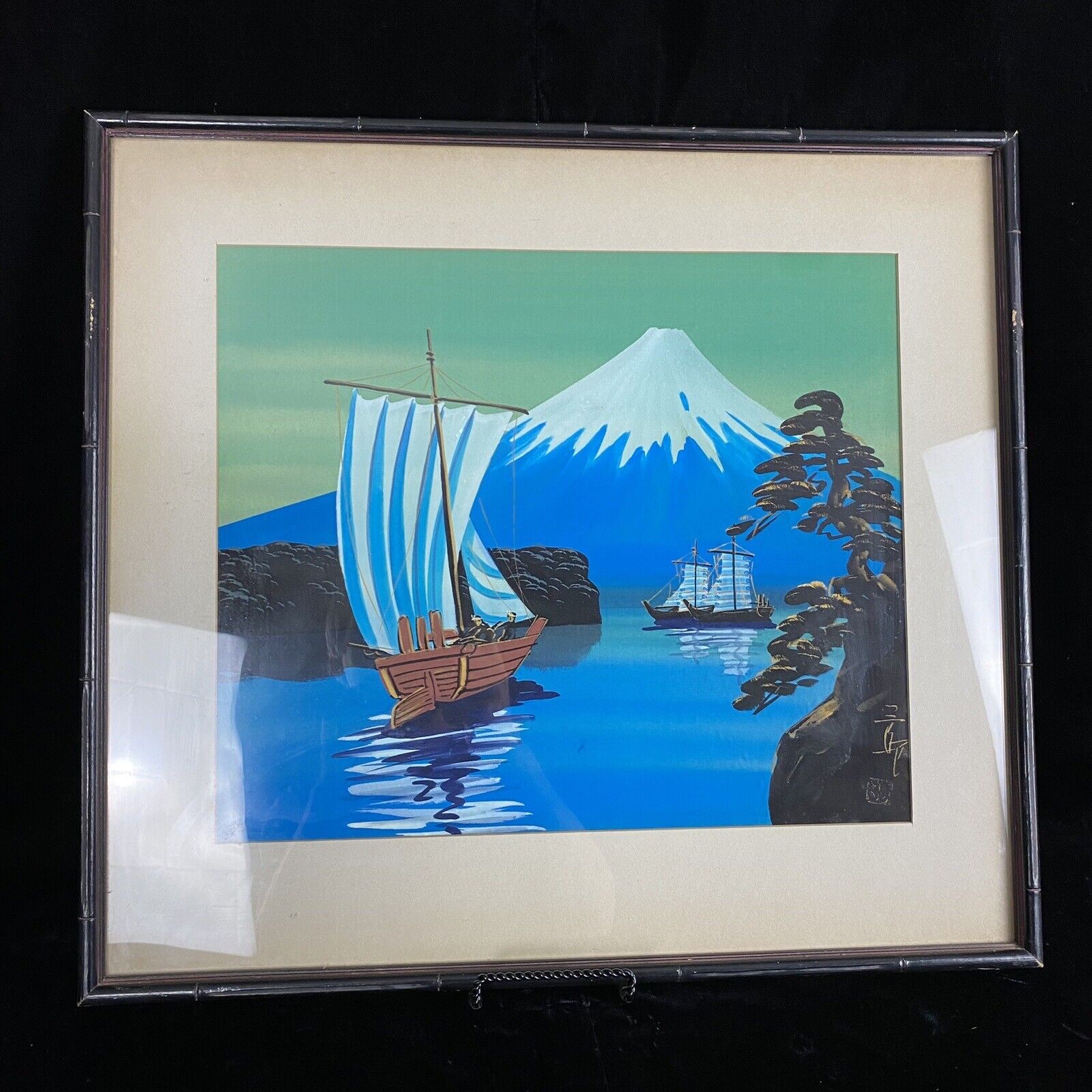 Signed Retro Japanese Oil on Silk Mount Fuji Painting Bamboo Frame Mid Century