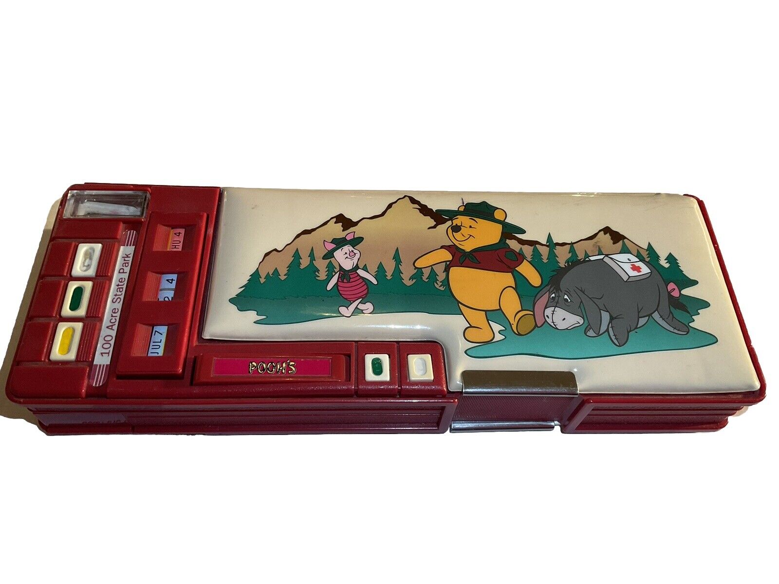 RARE Vintage Disney Mechanical Pencil Box Pooh Eeyore Piglet Boy Scouts 90s