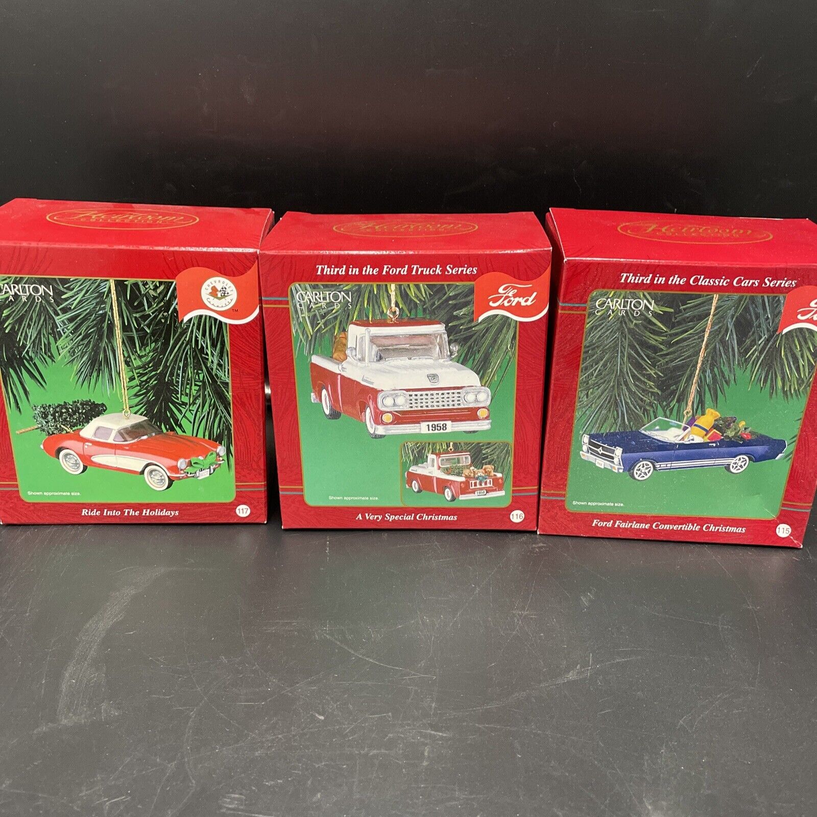 carlton cards heirloom ornaments 115/116/117 Corvette/ford Truck/ Fairlane