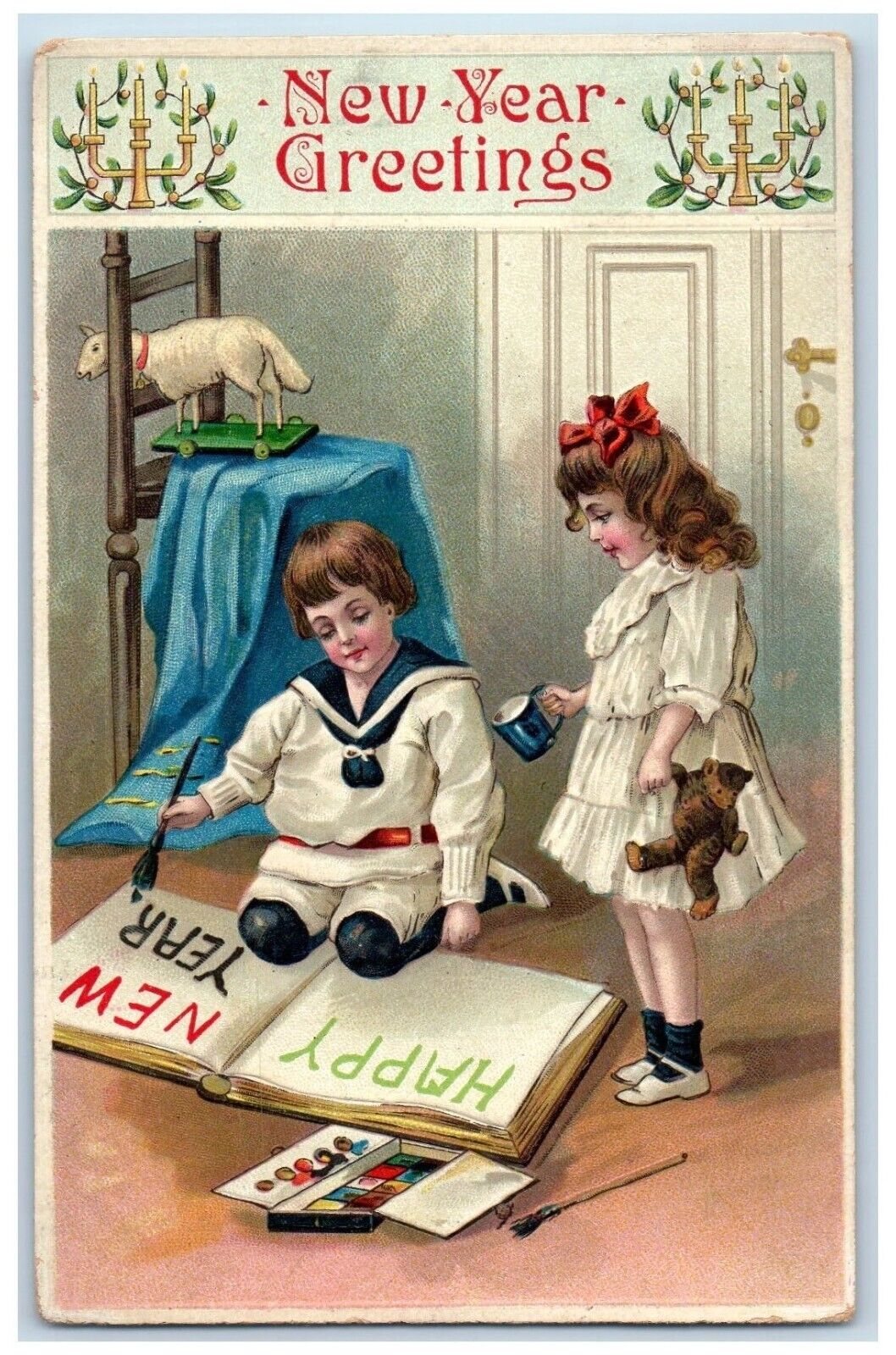 1909 New Year Greetings Girl Boy Writing Doll Toys Embossed Antique Postcard