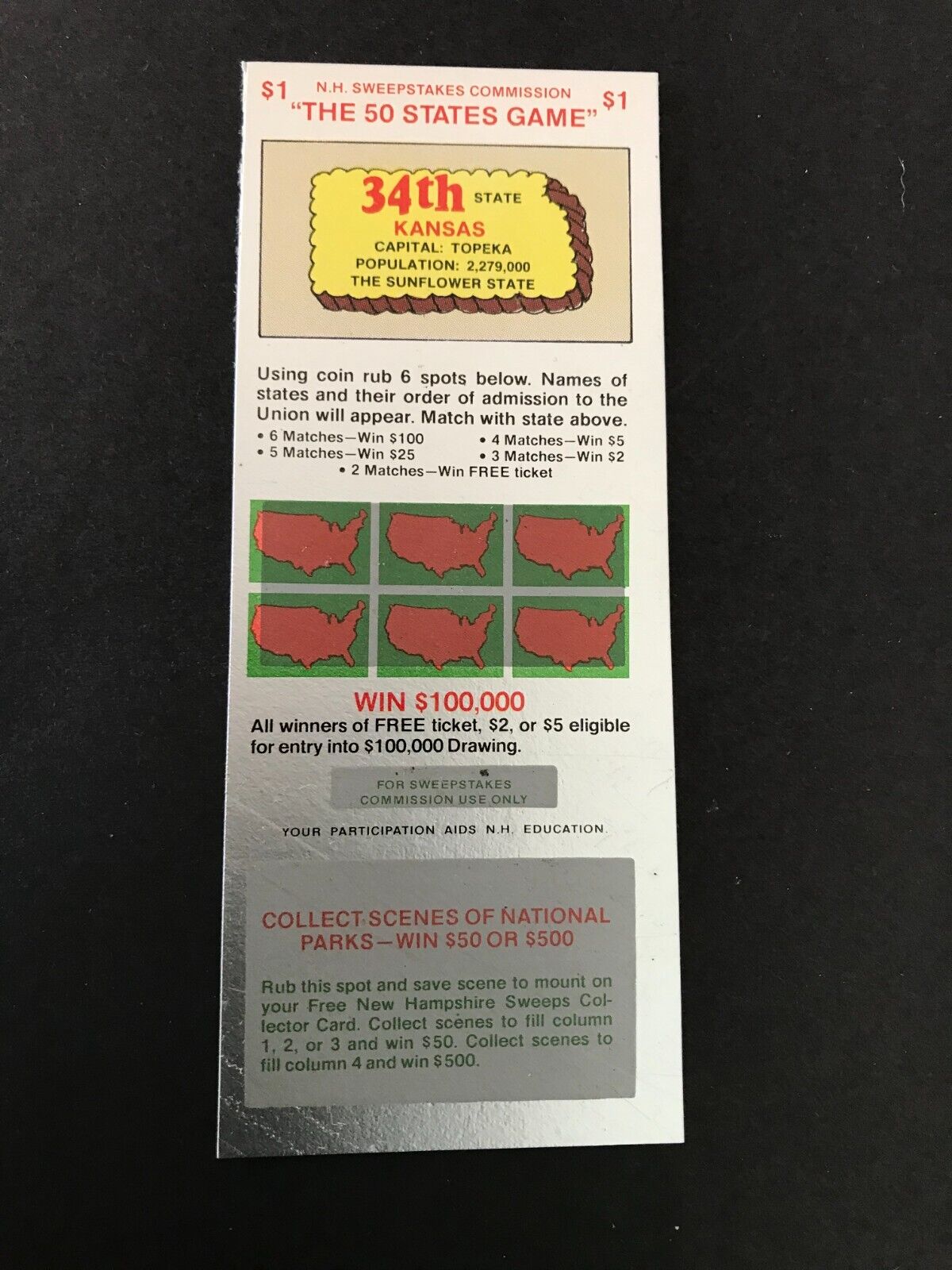 Kansas     SV Instant NH Lottery Ticket,  issued in 1977 no cash value