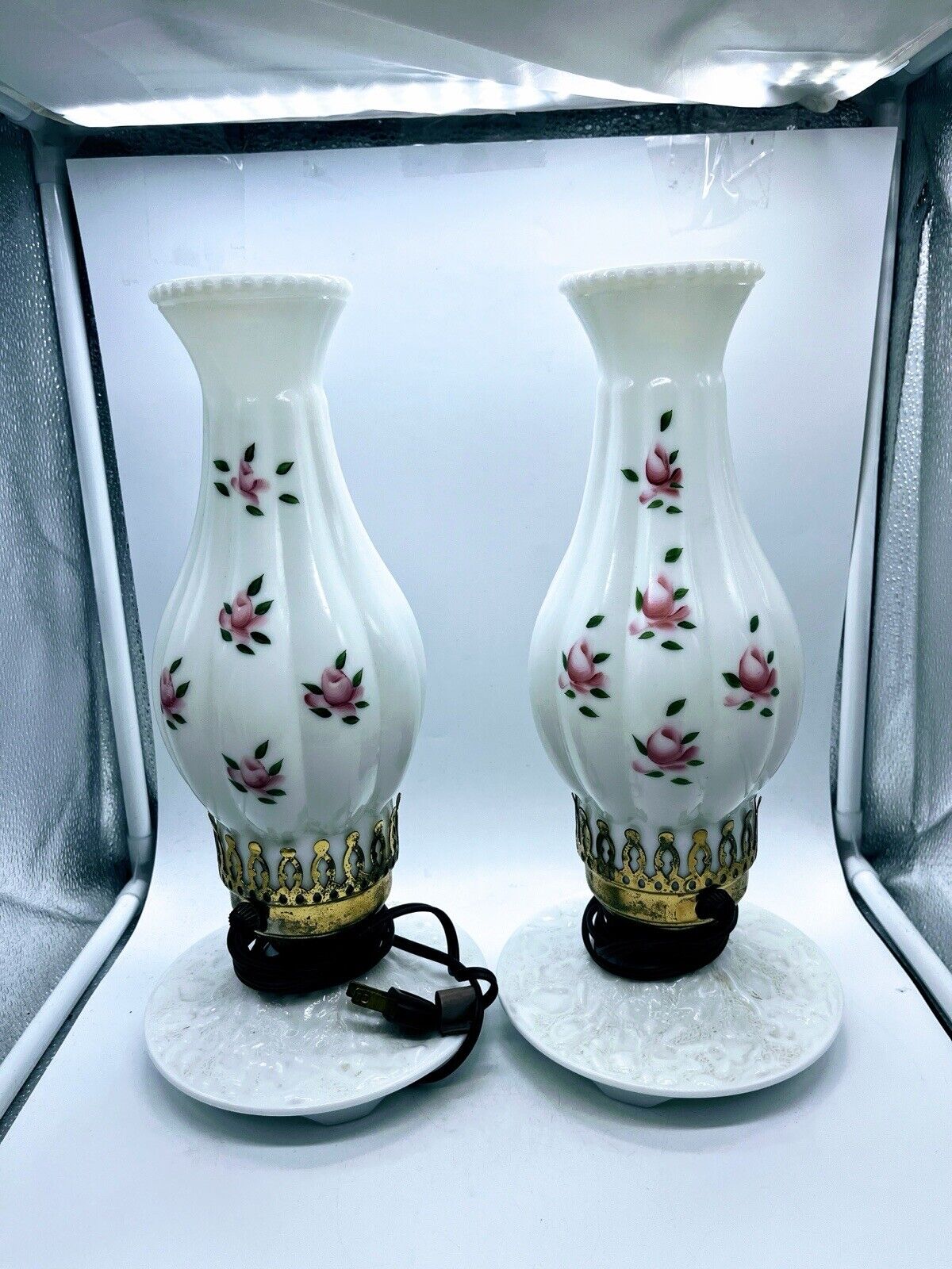 Pair of Vintage Milk Glass Floral Hurricane Lamps