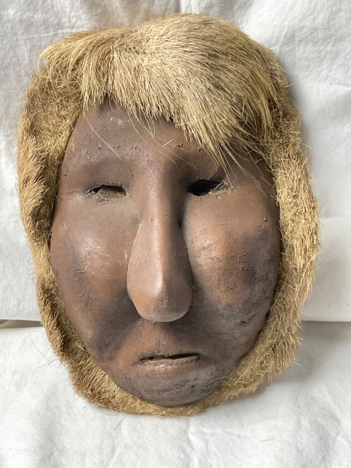 Authentic Carved Wood Inuit Hide/Fur Mask Man Woman Alaska Antique/Vintage Solid