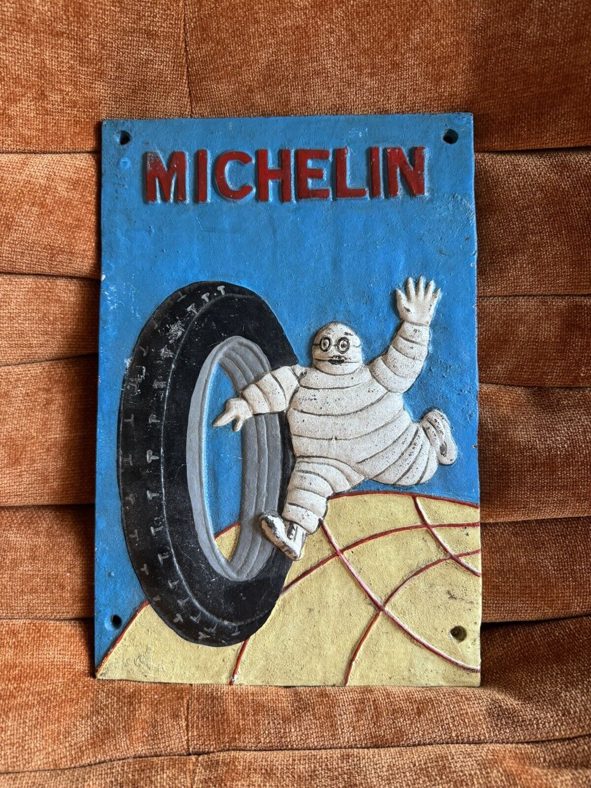 Antique Michelin Man Cast Iron Tire Advertising Wall Sign French Bibendum