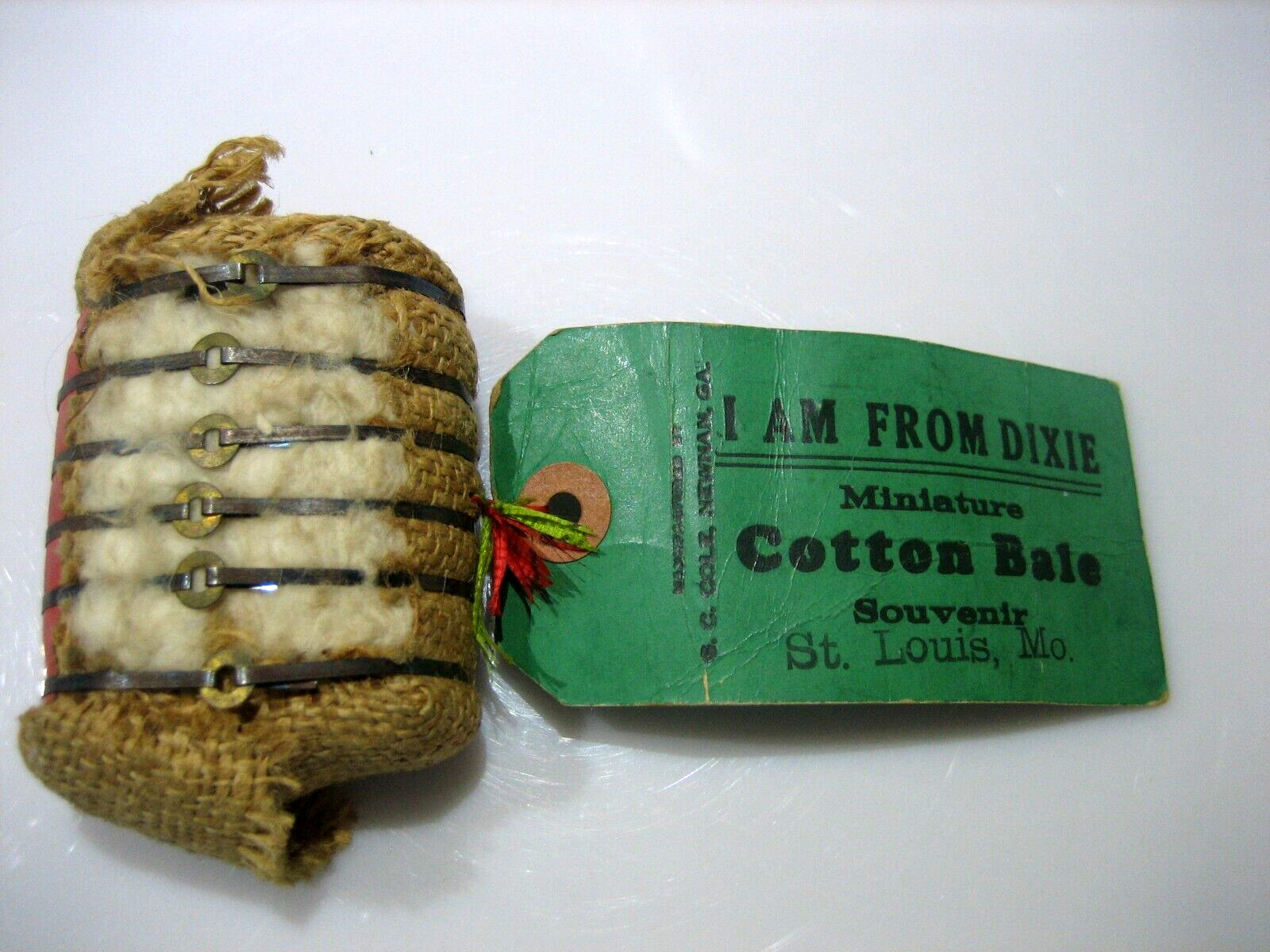 VINTAGE 1930'S MINIATURE COTTON BALE ST. LOUIS, MO WITH JEFFERSON POSTAGE STAMP