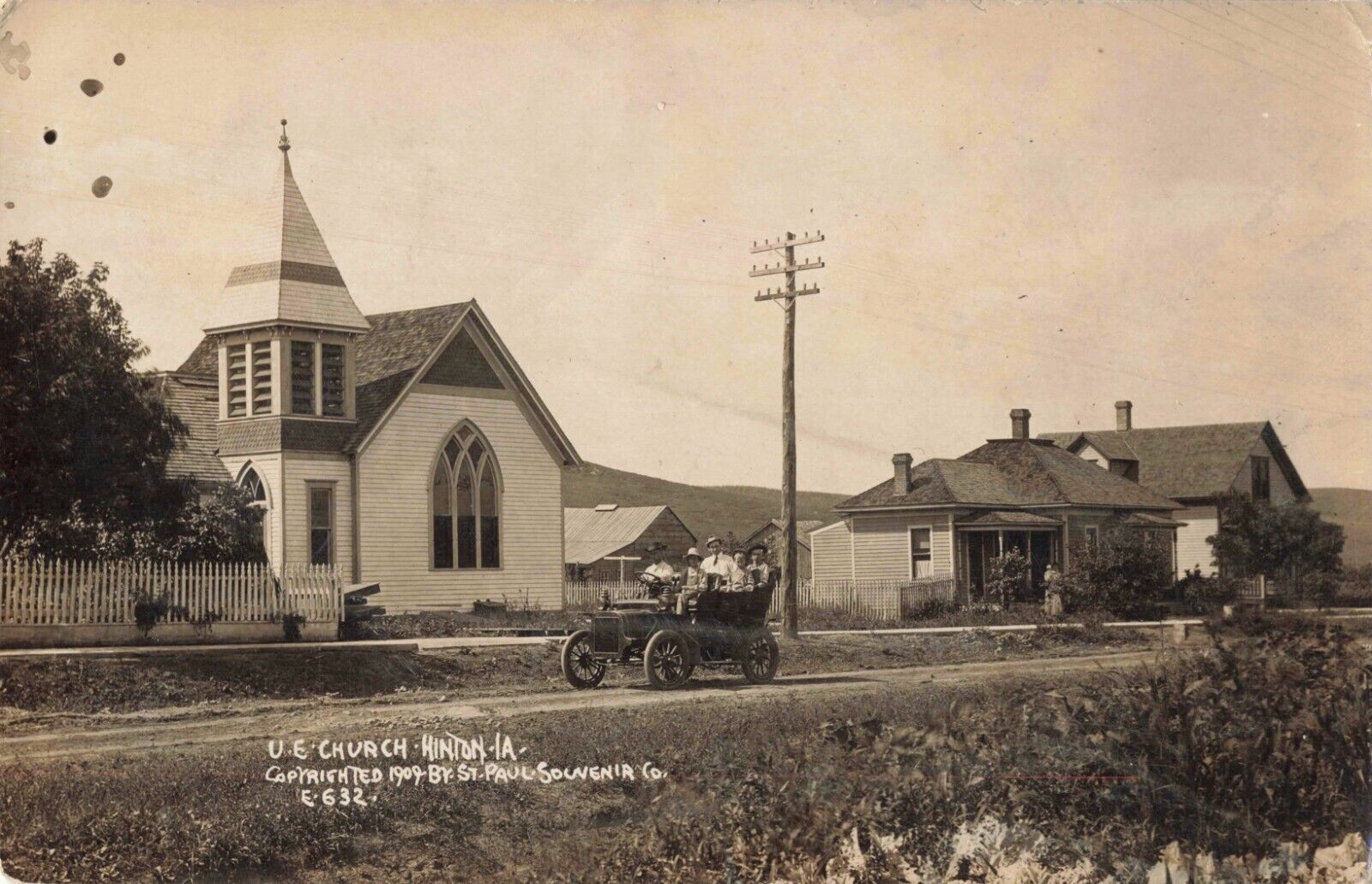 United Evangelical Church Hinton Iowa IA Old Car 1909 Real Photo RPPC