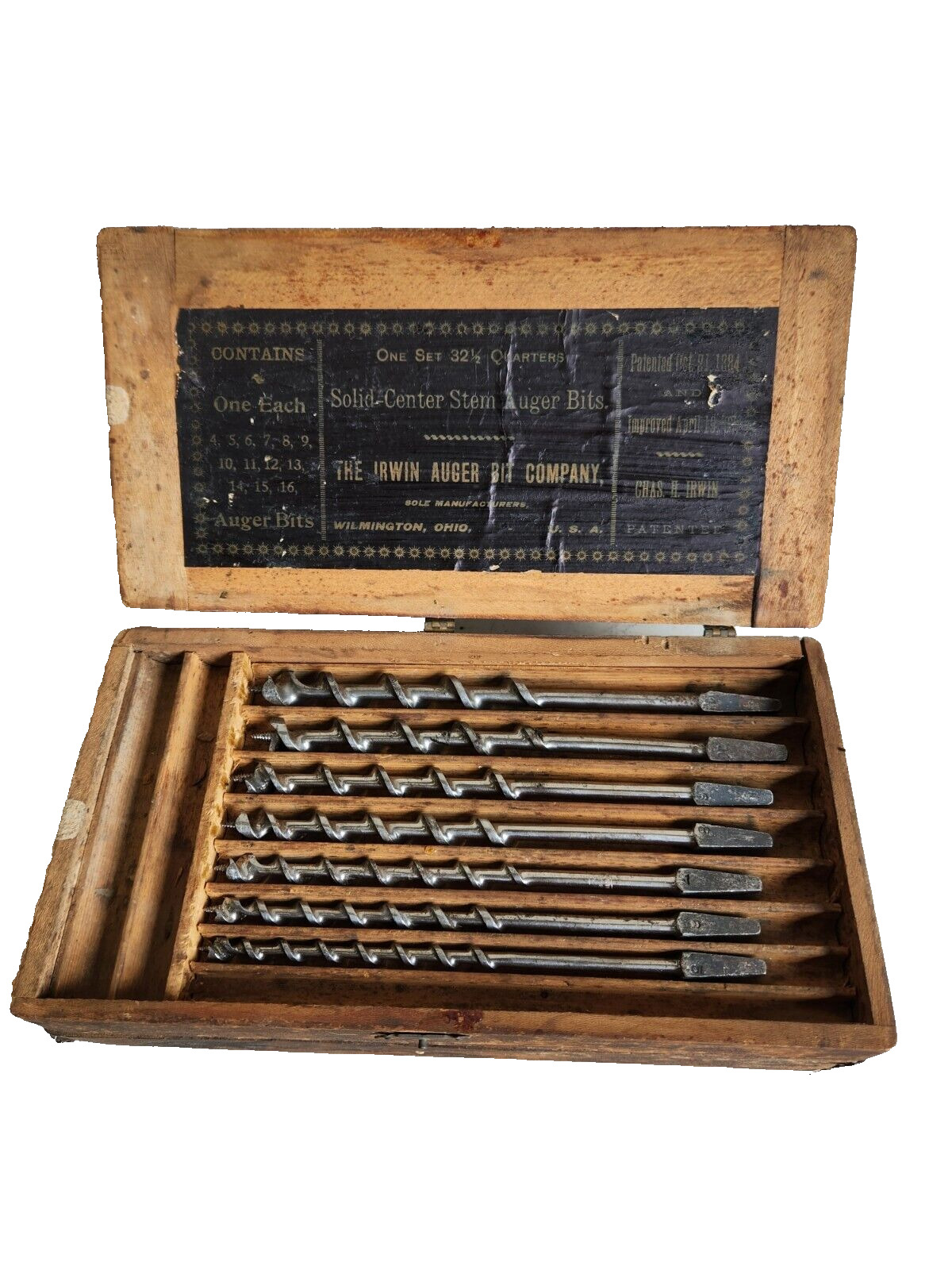 Vintage Irwin 32 1/2 Quarters Solid Stem Auger Bits W/Wood Case(Missing #s 4,15)