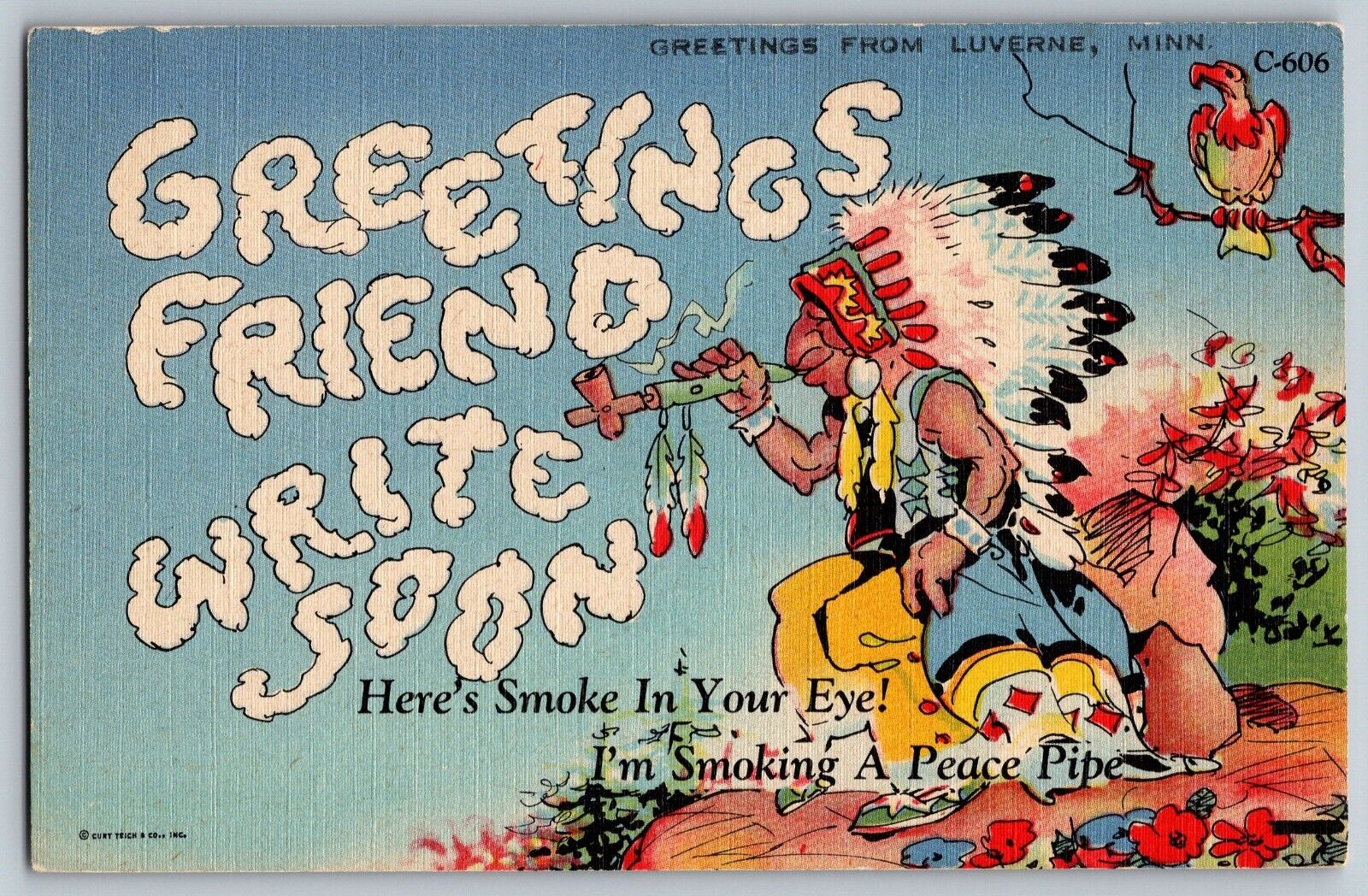 Luverne, Minnesota - Greetings - Smoking A Peace Pipe - Vintage Postcard