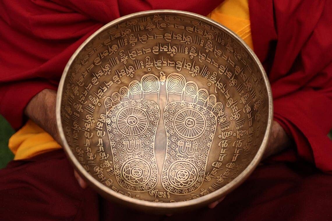 Singing Bowl Nepal- Special Buddha Foot Carving 9 inches Blessed Singing Bowl...