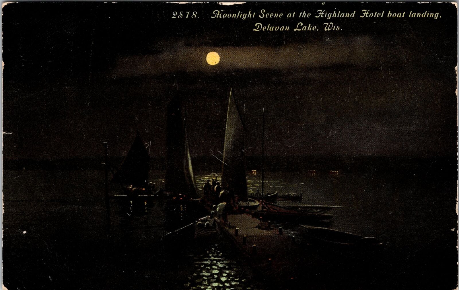 Delavan Lake WI-Wisconsin Highland Hotel Boat Landing at Night Vintage Postcard