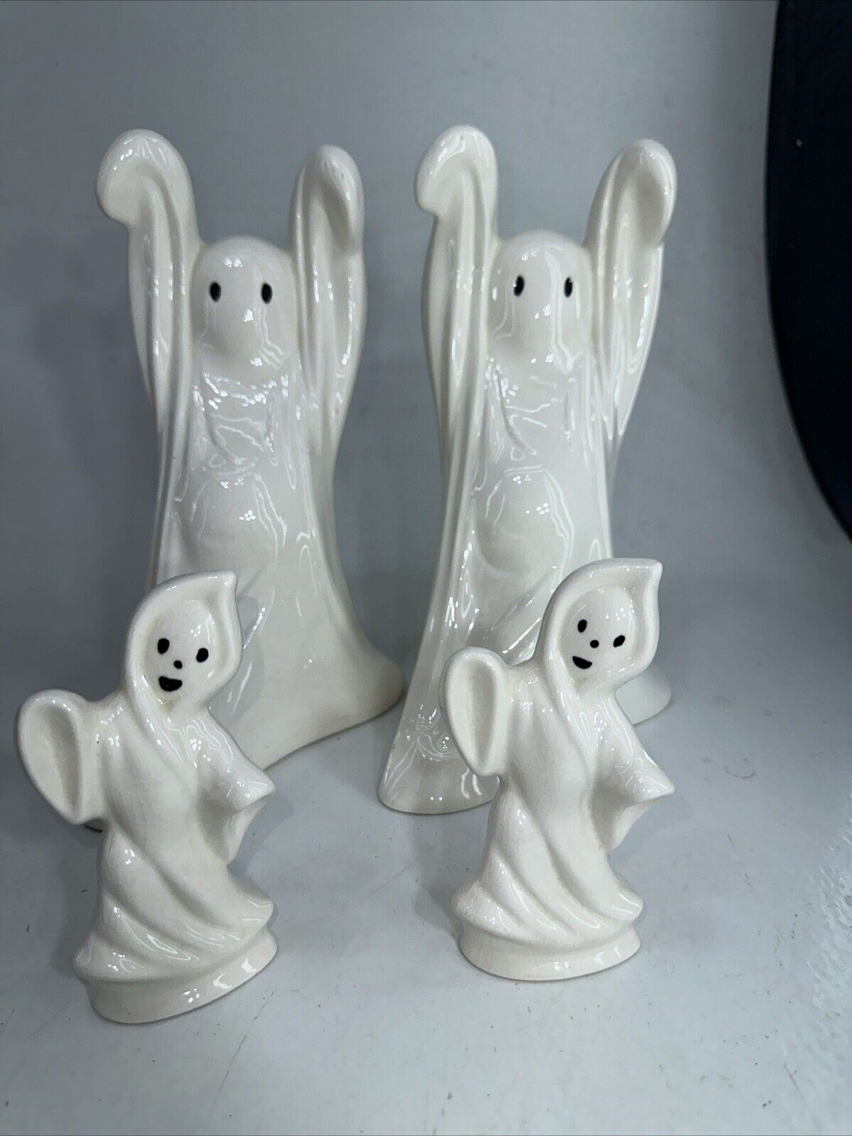 Lot Of 4 Vintage Ceramic Dancing Ghost Statue Decor Halloween 10” & 5” Tall