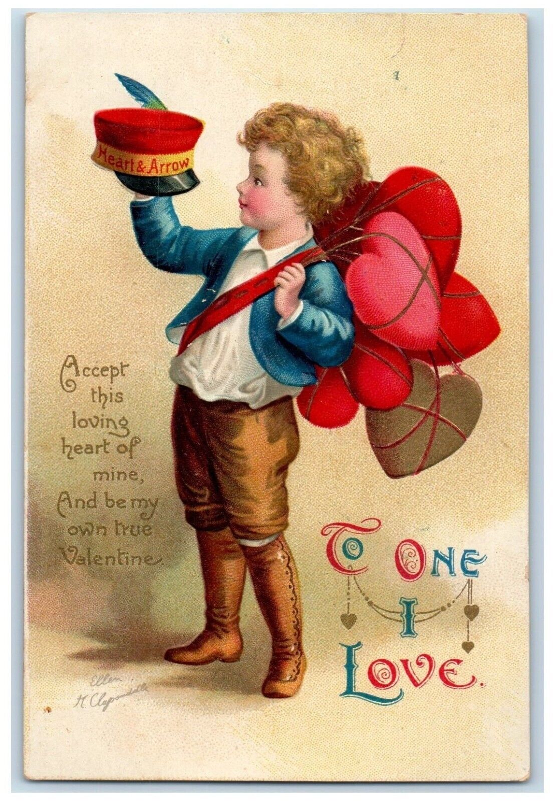 c1910's Valentine Boy Hat Feather Carrying Hearts Ellen Clapsaddle Postcard
