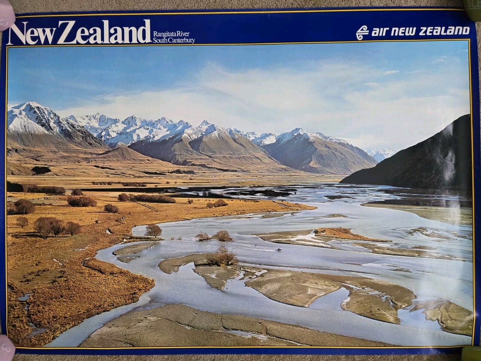 Air New Zealand Airline Promo Poster Rangitata River 1980s Vintage 36x26