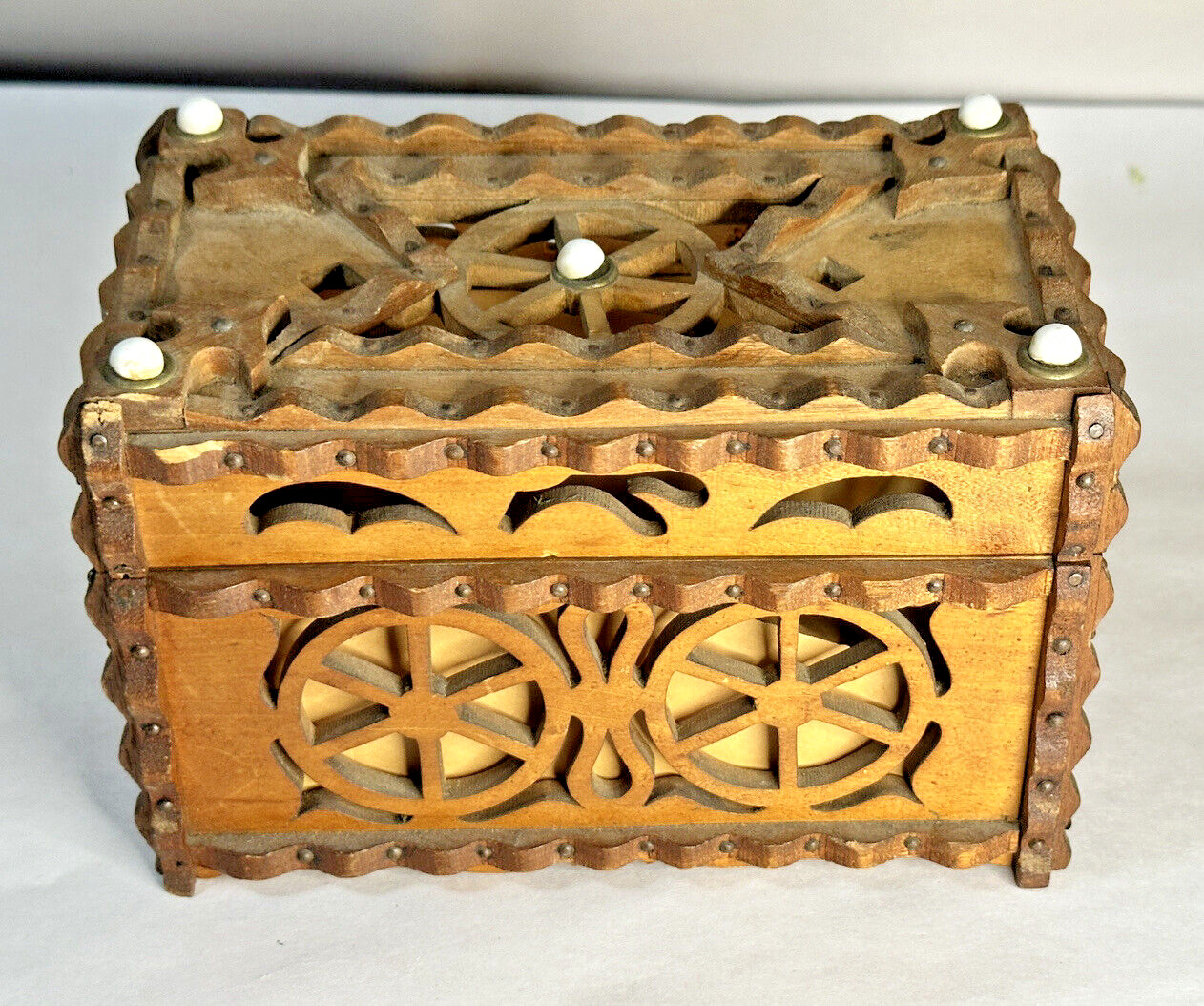 Antique Early 20th Century Hand Carved Trampart Cut Out Trinket Treasure Box